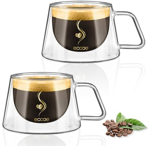 ecooe Espresso Cup 120ml Double Wall Glasses Espresso Coffee Glass Cups Set of 2 Borosilicate Glasses Small Coffee Tea Cups with Handle for Iced Americano,Macchiato,Milk