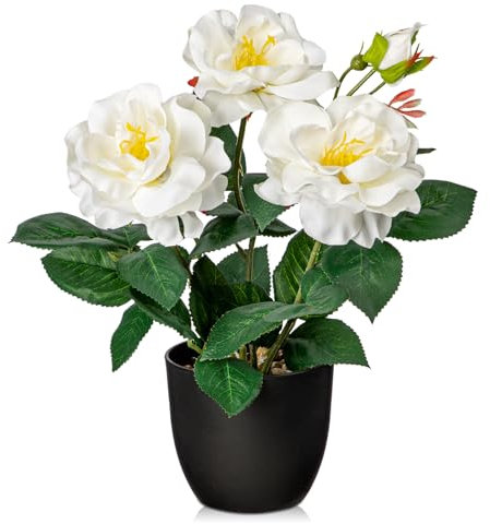 Briful Künstliche Blumen Kunstrosen Kunstblumen Wie Echt Weiße Dekoblumen Rosenbusch Höhe 28 cm, im Topf Klein Frühlingsblumen Deko für Bad Büro Hotel Restaurant
