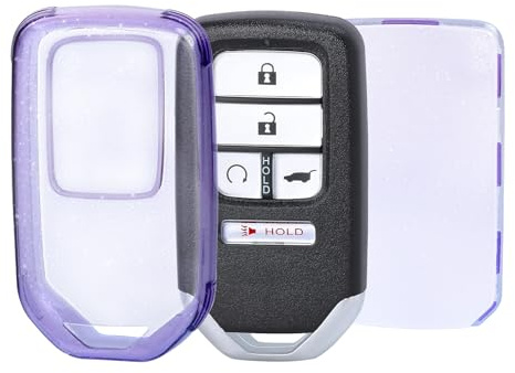 OFFWEGO for Honda Key Fob Cover, Soft TPU Key Case Protection for Honda Accord Civic CRV Pilot Ridgeline Odyssey Smart Protector Remote Start Key, Transparent Bling Purple