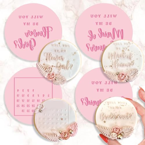 Set of 4 Wedding Embosser Stamps Bridesmaid Proposal Maid of Honour Calendar Stamps Cookie Cutter Embosser Debosser Cupcake Fondant Acrylic Cake Topper Decoration for Biscuits Icing Bride Calendar x4
