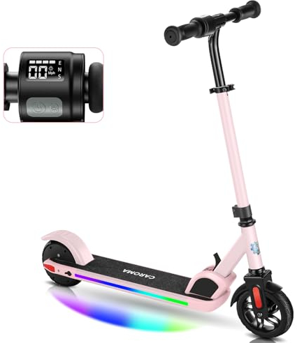 Caroma E Scooter Kinder von 8-12 Jahren, 150W Motor, 16 km/h, E Roller Kinder, Einstellbare Geschwindigkeit & Höhe, Bunte Lichter, LED Display, Faltbarer Elektroroller für Kinder