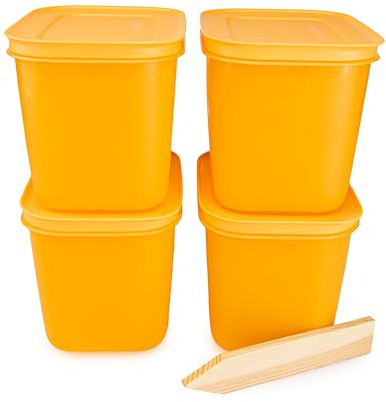 Tupperware Gefrier-Behälter Eiskristall 4x 1,1 L orange Lebensmittelaufbewahrung für Kühlschrank und Eisfach (inkl. 1x Holzspatel) Eis-Kristall