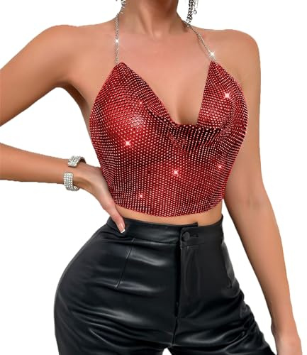 JIAHG Pailletten Top Oberteile mit Neckholder, Paillett Neckholder Weste, Tank Top Neckholder BH, Damen Halter Crop Top V-Ausschnitt, Bauchtanz Oberteil für Bauchtanz, Boho, Club, Oberteil