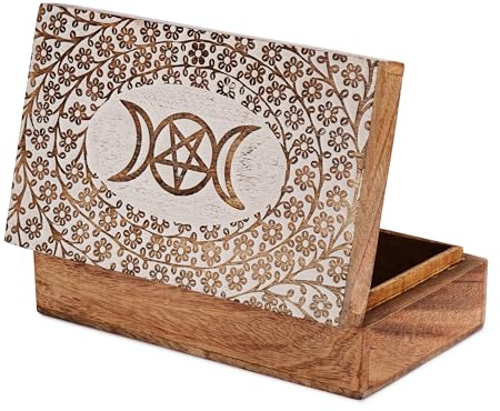 Ajuny Handgefertigte Holz Schmuckschatulle Stern Mond Weiß Braun 20,3cm Box | Andenkenbox Schatztruhe Organizer Uhrenbox Geschenk für Frauen & Männer dekorativ & vielseitig als Deko
