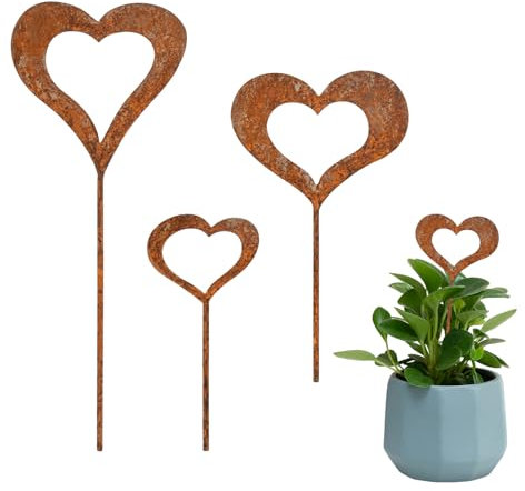 3 tappi a forma di cuore, decorazione da giardino, decorazione da giardino, decorazione per tomba, decorazione per piante, in metallo arrugginito, per giardino, terrazza, balcone, spina in ruggine