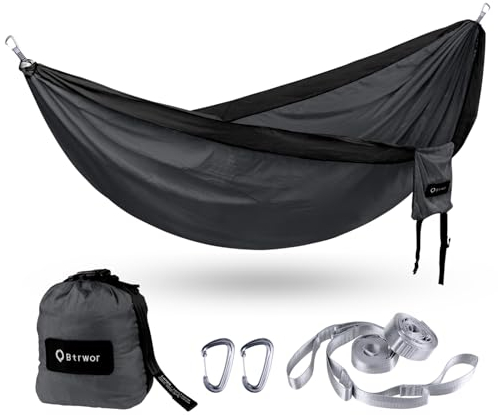 BTRWOR Hängematte Outdoor für 2 Personen | 300kg Traglast | Doppelhängematte mit Befestigungs-Set | Nylon Camping Reisehängematte | 290x170cm(Holzkohle schwarz)