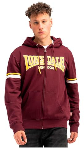 Lonsdale sweatjacka med huva för män med dragkedja, normal passform, Darfield, Oxblood/gul/vit, L