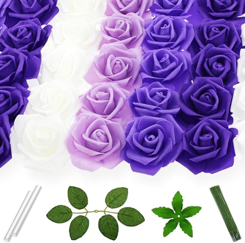 Vignor 100 Pcs 3 Inch Artificial Flowers Bulk 5 in 1 Set Faux Foam Fake Rose Head Wedding Decoration Bridal Shower Centerpiece Arrangement Wall Table Decor DIY Craft (4 Shades of Purple White)