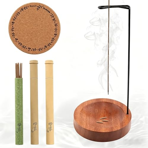 Upside Down Incense Holder, Wooden Round Base with 3 Tubes, Cork Pad | Designed to Catch Falling Ash for Cleaner Tabletops; Suits Meditation Rooms, Spa Corners and Calm Home Decor Setups