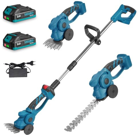 Yofidra Akku Heckenschere mit Teleskopstiel 100cm - 2-in-1 Grasschere und Strauchschere mit Rädern, 18V Li-Ion Akku, 133mm Schnittbreite, 220mm Schnittlänge, Werkzeugloser Messerwechsel