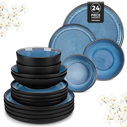 vancasso Série PLAYA Assiettes Service de Table 6 Personnes - Vaisselle 24 Pièces en Grès - 6x Assiettes Plates, à Dessert, Creuses et Bols à Céréales - Adapté au Micro-Ondes, Glaçure Bleu