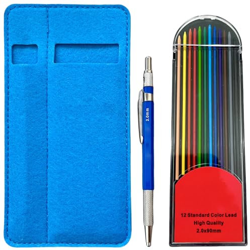 Ldabrye Druckbleistift und 2,0 mm dicke, farbige Nachfüllminen mit Stifttasche für Studenten, Künstler, Skizzieren, Holzarbeiten, Kunst, Zeichnen