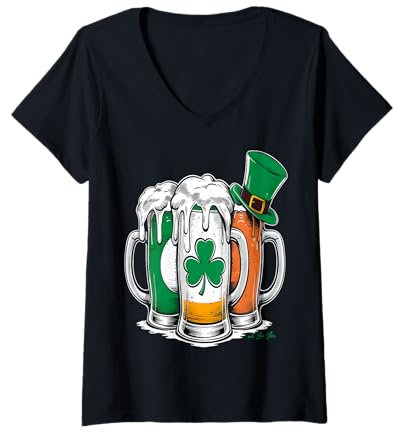 Femme Chope à bière Saint Patrick Trèfle irlandais T-Shirt avec Col en V