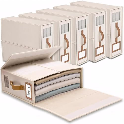 bubooo Lino Caja Organizador Sabanas Armario, 6 Organizador de Ropa de Cama Plegable con ventana y asas para guardar debajo de la cama, en el armario para organizar sábanas, ropa y mantas, Beige