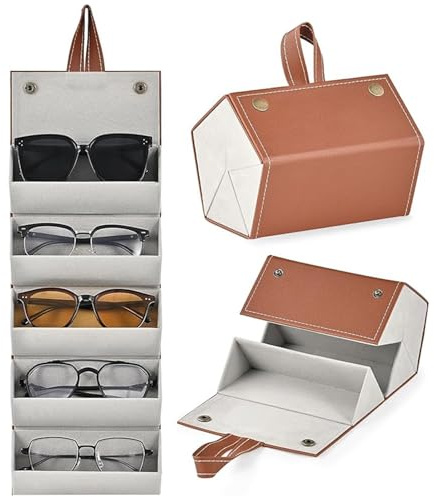 Tudaheuiy Hängende Brillen Organizer von 5 Brillen, Brillenorganizer Brillenaufbewahrung Reisen Sonnenbrillen Brillenbox Faltbare Brillenablage Tragbar Brillenetui für Damen Herren (Braun)