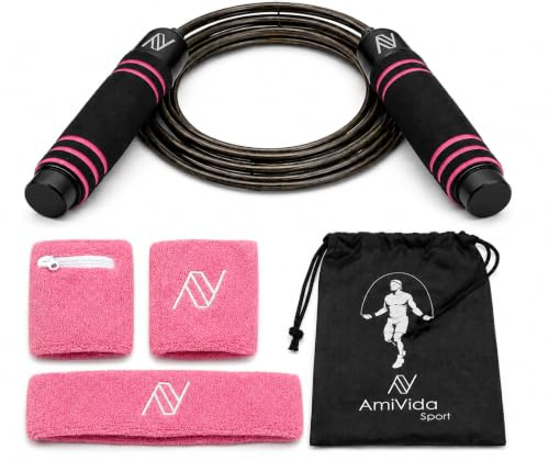 Comba Crossfit Ajustable AmiVida – Cuerda de Saltar de Acero para Fitness, Boxeo y HIIT – Kit con Muñequeras con Bolsillo, Cinta Deportiva y Bolsa de Transporte