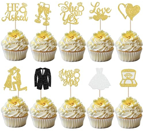 30 Stück Miss to Mrs Tortendeko Glitzer He Ask She Said Yes Cupcake Toppers Diamant Ring Kuchen Deko für Verlobung Hochzeiten Thema Party Kuchen Dekorationen Gold