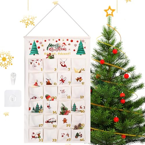 Calendario dell'Avvento in Tessuto da Riempire, Calendario del Conto alla Rovescia di Natale con 24 Tasche, Calendario Natale Fai da Te Riutilizzabile da Appendere Decorazioni Natalizie