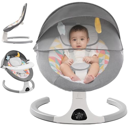 Baby Bouncer from Birth, Electric Baby Swing Chair with Bluetooth, 5 Swing Speed, 3 Angle Position, Remote Control & Touch Panel Baby Rocker with Detachable Tray and Canopy with Mosquito Net Grey