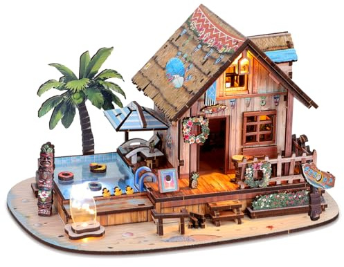 3D Wooden Puzzles for Adult,187pcs Hawaiian Vacation Beach House Kit,DIY Wooden Model Kits with LED Light for Adults-Toy Gifts for Ages 14 and up