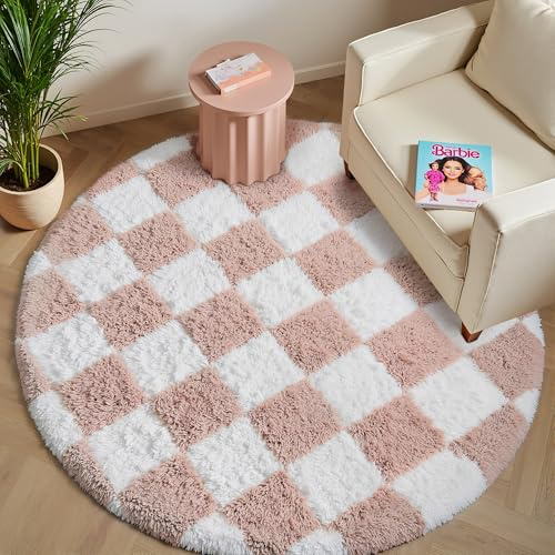 HUGEAR Rutig fluffig matta rund 150 mattor rosa vit lurvig halkfri barnrum flicka pojke matta sängmatta sovrum hög lugg mjuk rund matta