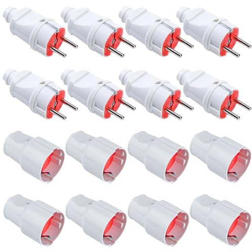 8 Paar Schuko Stecker Kupplung: 250V 16A IP20 Gummi Schukokupplung Set für Außenbereich, Schutzkontakt Stecker, 2-polig Aussen Wasserdicht Weiß Schukostecker und Gummikupplung ohne Kabel