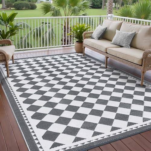 PureCozy Alfombra de exterior impermeable para patios, color gris, reversible, alfombra de plástico plegable, alfombra pequeña para patios, jardín, caravana, picnic, camping, balcón, 150 x 240 cm