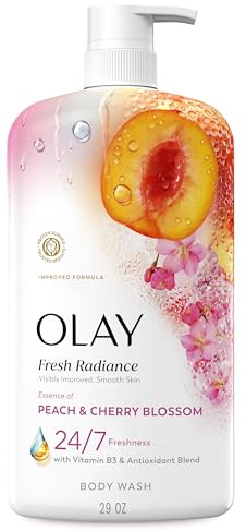Olay Body Wash for Women, Fresh Radiance, 24/7 Skin-Loving Freshness, Visibly Radiant, Plant Based Cleansers, Vitamin B3 & Antioxidant Blend, For All Skin Types, Peach & Cherry Blossom Scent, 29 fl oz