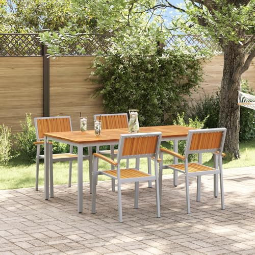 IBUQDDV 5-teiliges Gartentischset aus solidem Akazienholz und Metall für 4 Personen, Outdoor Esstischgruppe mit grauem Rahmen und Teakholzplatte, langlebiges Gartenmöbel Set,