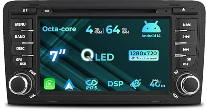 NVGOTEV 7 Pulgadas Radio para Audi A3 S3 RS3 8P con Reproductor de CD/DVD, Unidad Principal de 8 núcleos y 4+64 GB giroscopio Integrado Carplay/Android Auto inalámbrico 4G Bluetooth FM/Am RDS DSP
