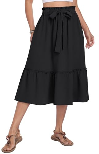 PrinStory kjol damer sommar midi lång A-linje kjol lätt boho midikjol med ficka dragsko kjol luftig, svart, XL