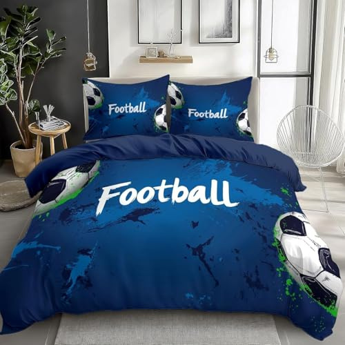 Funda Nordica Cama 105 Futbol, 3D Funda Edredon 180x220 cm Patrón Azul Microfibra Ropa de Cama Futbol Americano Reversible 3 Piezas, Funda de Edredón + 2 Fundas de Almohada m3279