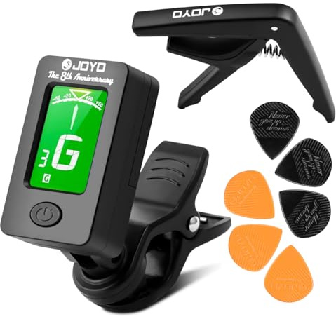 JOYO Guitar Tuner Clip Guitar Capo with 6Pcs Picks Guitar Accessories Digital Electronic Tuner for Electric Guitar, Bass, Acoustic, Ukulele, Violin