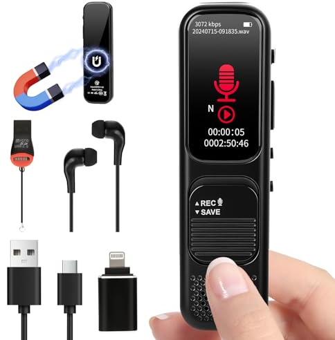 64GB Registratore Vocale Professionale - 3072kpbs Registratori Vocali Digitali Portatile con Attivazione Vocale, Registratore Audio per Chiamate Riunioni Lezioni Colloqui (Nero)