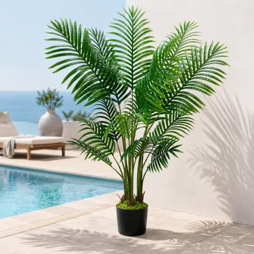 Palmera Artificial Exterior Grande 120 cm Plantas Artificiales Decorativas | Arboles Artificiales Exterior con 15 Hojas, Falsa Planta con Maceta, para Oficina Salon Hogar Interior Decoración