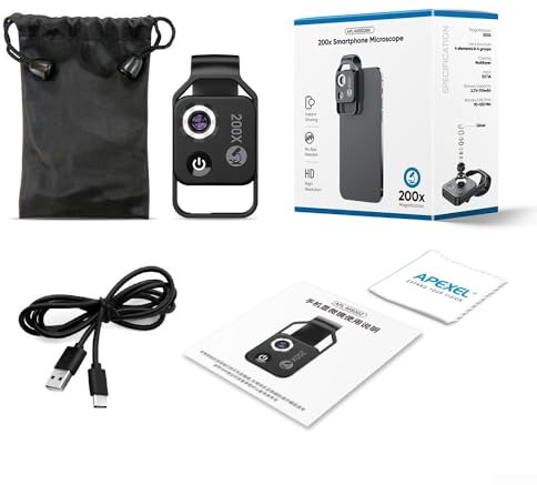 200-fache telefonbasierte Mikroskoplinse mit CPL-Polarisation und stufenweiser LED-Helligkeit für Schmuck, Uhren und Leiterplattenspureninspektion (Black CPL)