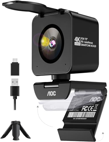 AOC 4K Webcam for PC, 4K/60fps Web Camera with Auto Focus, Privacy Cover | Webcam 4K with Auto Light Correction, 75° View, Plug & Play, USB Camera for Laptop, Desktop, Skype, Facetime, Conferencing