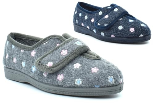 Womens Wide Fit Slippers Ladies Matilda Wide Slippers V Throat Touch Fasten EE Slipper Double E Width V Cut Touch Fastening Rubber Sole Floral Sizes 3-9 Grey/Navy Blue (EE Fitting)
