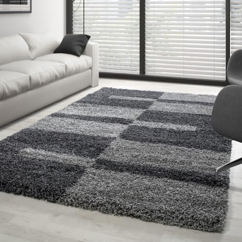 Carpettex Hochflor Teppich - Wohnzimmer Shaggy Flokati Modern Kariert Design 80 x 150 cm - Flur Läufer Grau - Bettvorleger Schlafzimmer Weich Flauschig Waschbar Küchenläufer