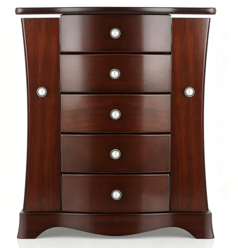 RR ROUND RICH DESIGN Jewelry Box - Made of Solid Wood with Tower Style 4 Drawers Organizer and 2 Separated Open Doors on 2 Sides and Large Mirror Brown