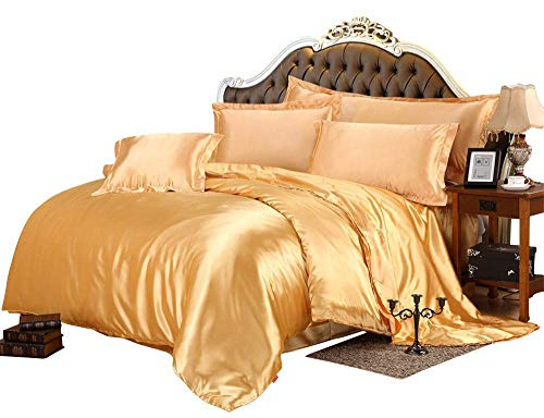 ABP Collection Duvet Set - Twin XL, Gold Soft Silky Satin Duvet Cover Sets (1 Zipper Closure Duvet Cover, 1 Fitted Sheet with 12 Deep Pocket, 2 Pillow Shams) 4 Pieces Duvet Cover Set
