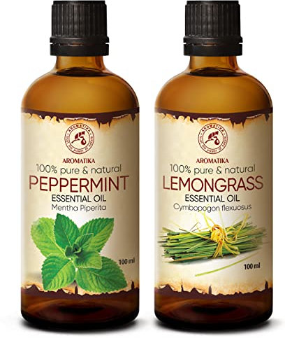 Ätherische Öle Set - 2x100ml - Aromatherapie Ätherische Öle Set mit Pfefferminzöl und Lemongrasöl - Öle für Aroma Diffusers und Seifen - Schutz im Freien mit Zitronengrasöl - Öl für DIY Naturkosmetik