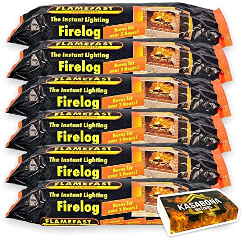 Flamefast Smokeless Instant Lighting Firelog Open Garden Chimineas 2hrs Burn Enviromentally Frienly Fire Individually Wrapped Case of 12 Logs & KasaBona Safety Matches