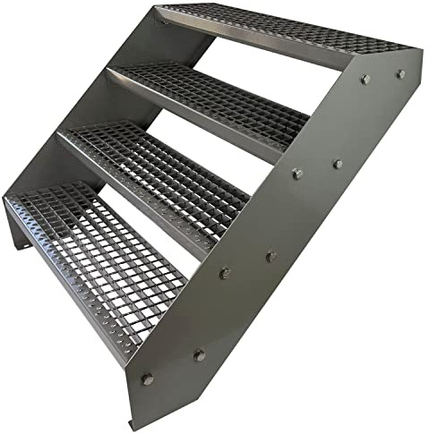 Premium Caillebotis acier Escalier à limon 4 Marches Entièrement galvanisé et Argenté Revêtu par poudre - Dimensions (L x l x H) 82cm x 80cm x 76cm