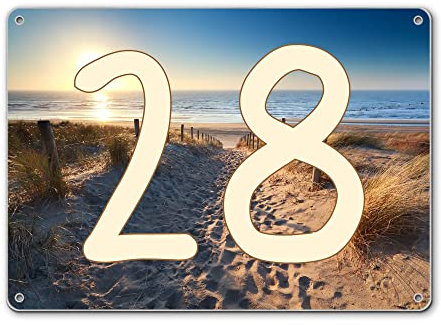 banjado® Hausnummernschild personalisierbar Motiv Nordseestrand - Hausschild personalisiert Draußen mit Straßennamen möglich - Hausnummernschild Edelstahl versch. Motive - inkl. Montagematerial