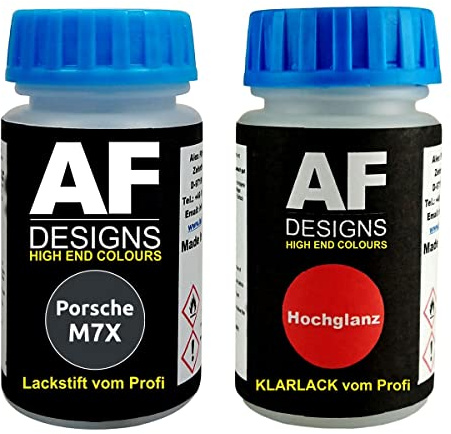 Alex Flittner Designs Stylo de retouche compatible avec Porsche M7X Atlasgrau Metallic + Set de peinture automobile comprenant vernis transparent et peinture de base, 50ml chacun