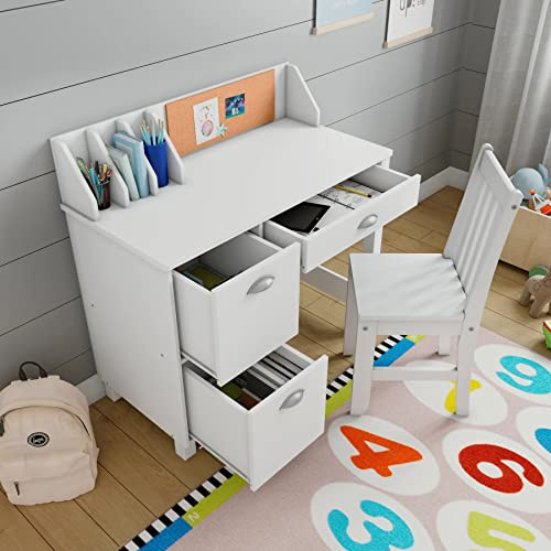 HYGRAD BUILT TO SURVIVE Wooden White Study Desk for Children with Chair and Drawers, Gift for Ages 5-14 Computer Desk Home School Student Study PC Writing Desks Table for Small Spaces Teen Work