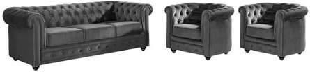 Vente-unique-Divano CHESTERFIELD 3 posti e 2 poltrone in velluto Antracite
