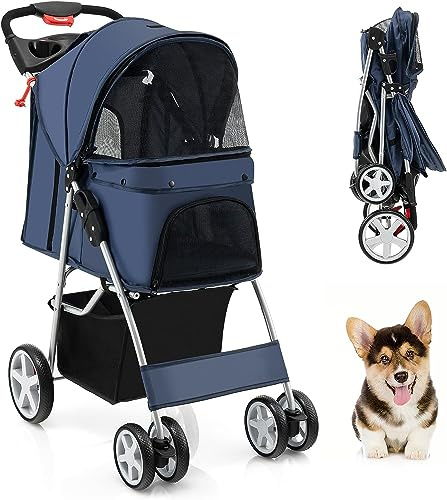 GYMAX Hundewagen, Haustierwagen, zusammenklappbarer Katzen-/Hundebuggy mit Aufbewahrungskorb, Getränkehaltern & Netzfenster, Reisewagen mit 4 Rädern für kleine Haustiere (Dunkelblau)