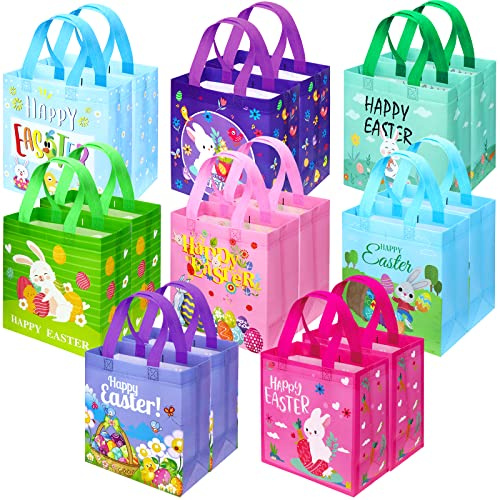 SelfTek 16 Pack Easter Gift Bags, Egg Hunt Bags Reusable Treat Tote Waterproof Foldable Non-Woven Bag with Handles for Easter Party Favors